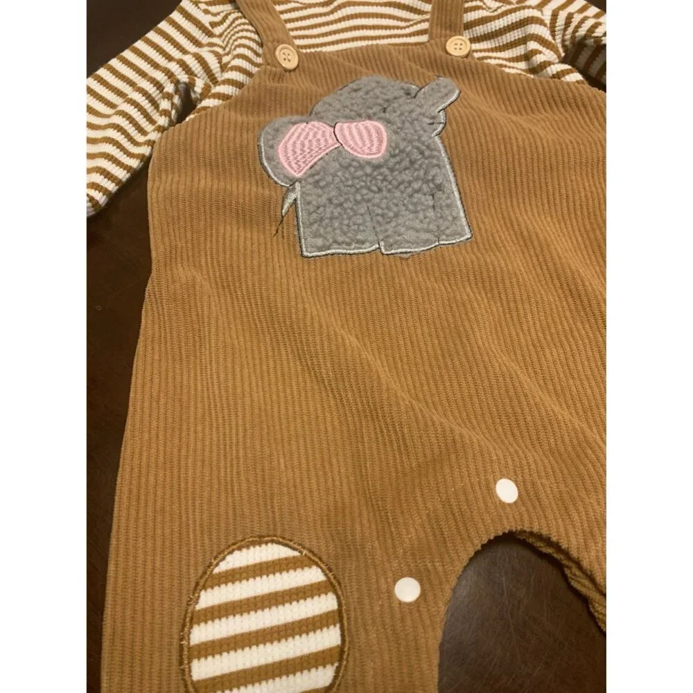 3-6M Hooded Baby Overall Bodysuit Elephant Applique Design Stripes Cotton‎